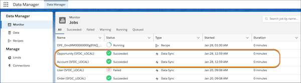 The data sync jobs appear in the list of jobs.