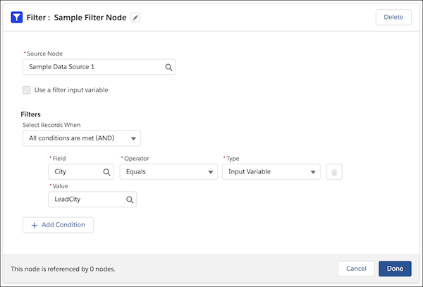 Filter node with filter condition having input variable as field value