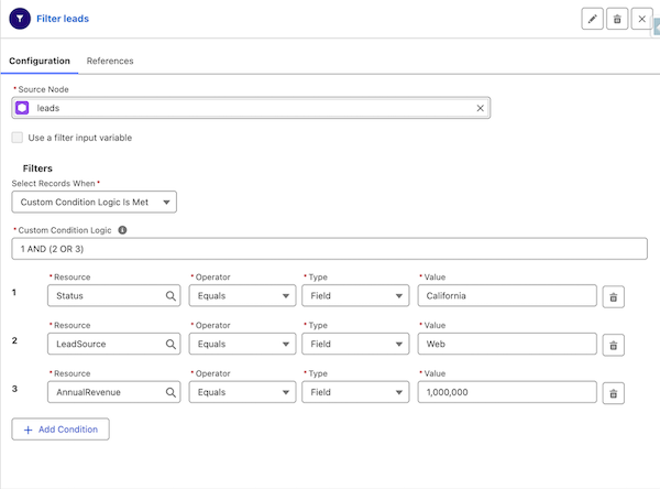 Filter node with custom logic in filter conditions