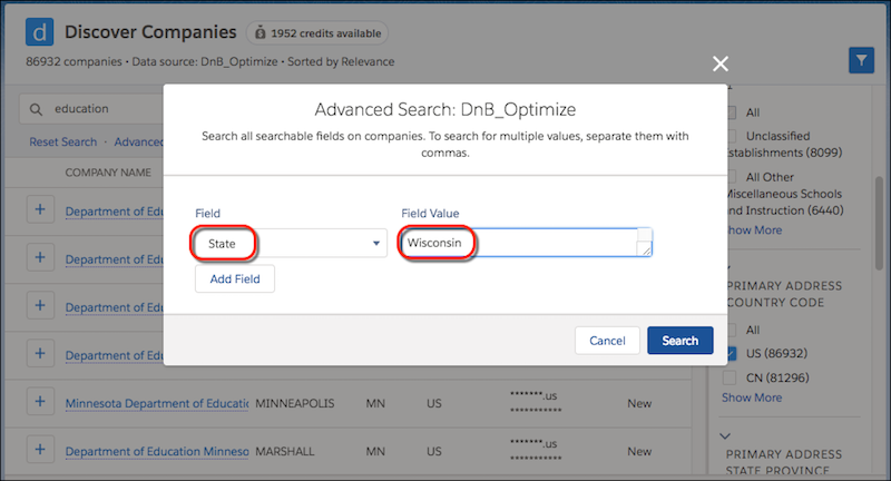 Advanced search dialog for Discover Companies. Search field contains "education" and results all include "Education." Advanced search contains State = Wisconsin