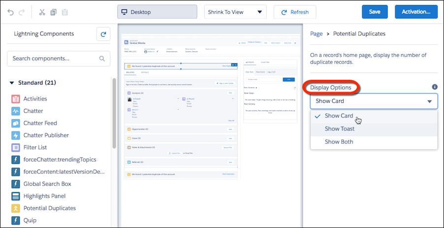 Options for displaying duplicate alerts on record home pages