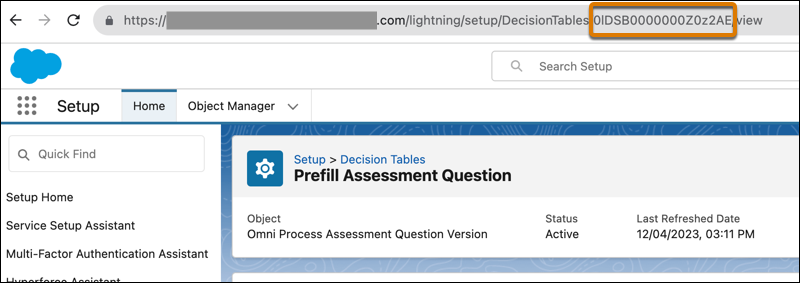 Decision table URL with ID highlighted