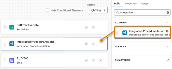 Omniscript canvas with the Integration Procedure action highlighted