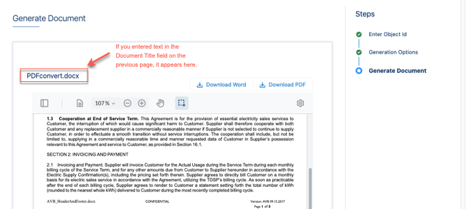 The Generate Document display the generated document, and you can download the document from this window.