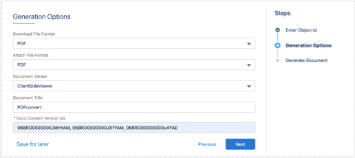 In the Generation Options window, you can select values to download, attach, generate the document.