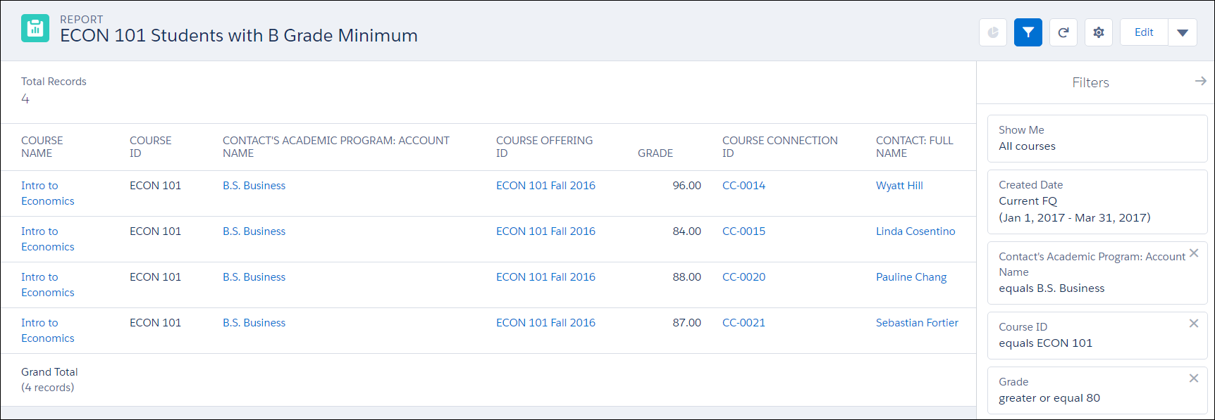 Sample report output with contact name, grade, and other course fields.