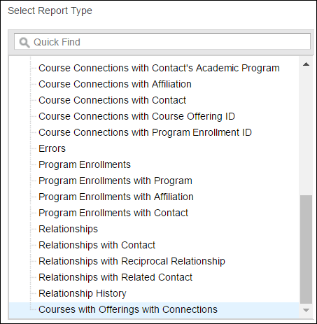 Report Type selector with "Courses with Offerings with Connections" highlighted