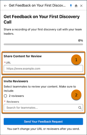 Feedback Request exercise in the Guidance Center, showing the required fields that the Enablement user completes