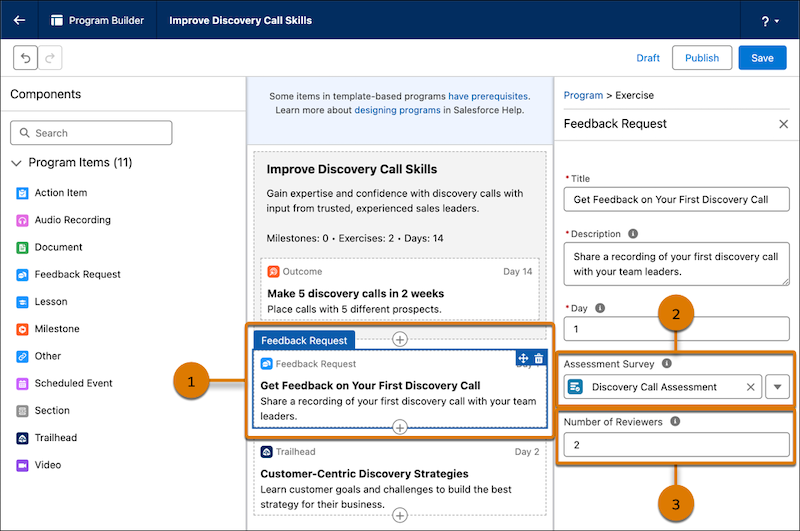 Feedback Request exercise in Program Builder, showing the options to select an assessment survey and specify the number of reviewers