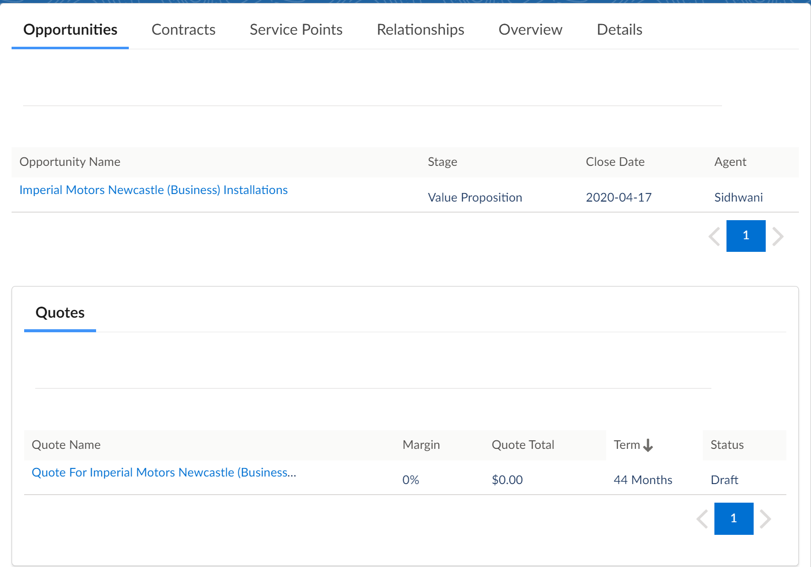 The Opportunities tab lists all the opportunities related to the selected business account.