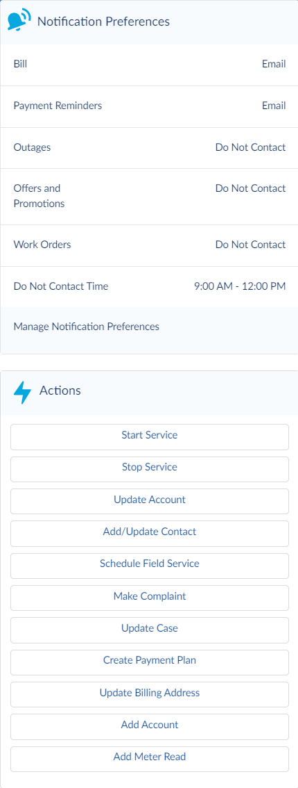 The right panel of the Energy and Utilities Console includes notifications and actions.