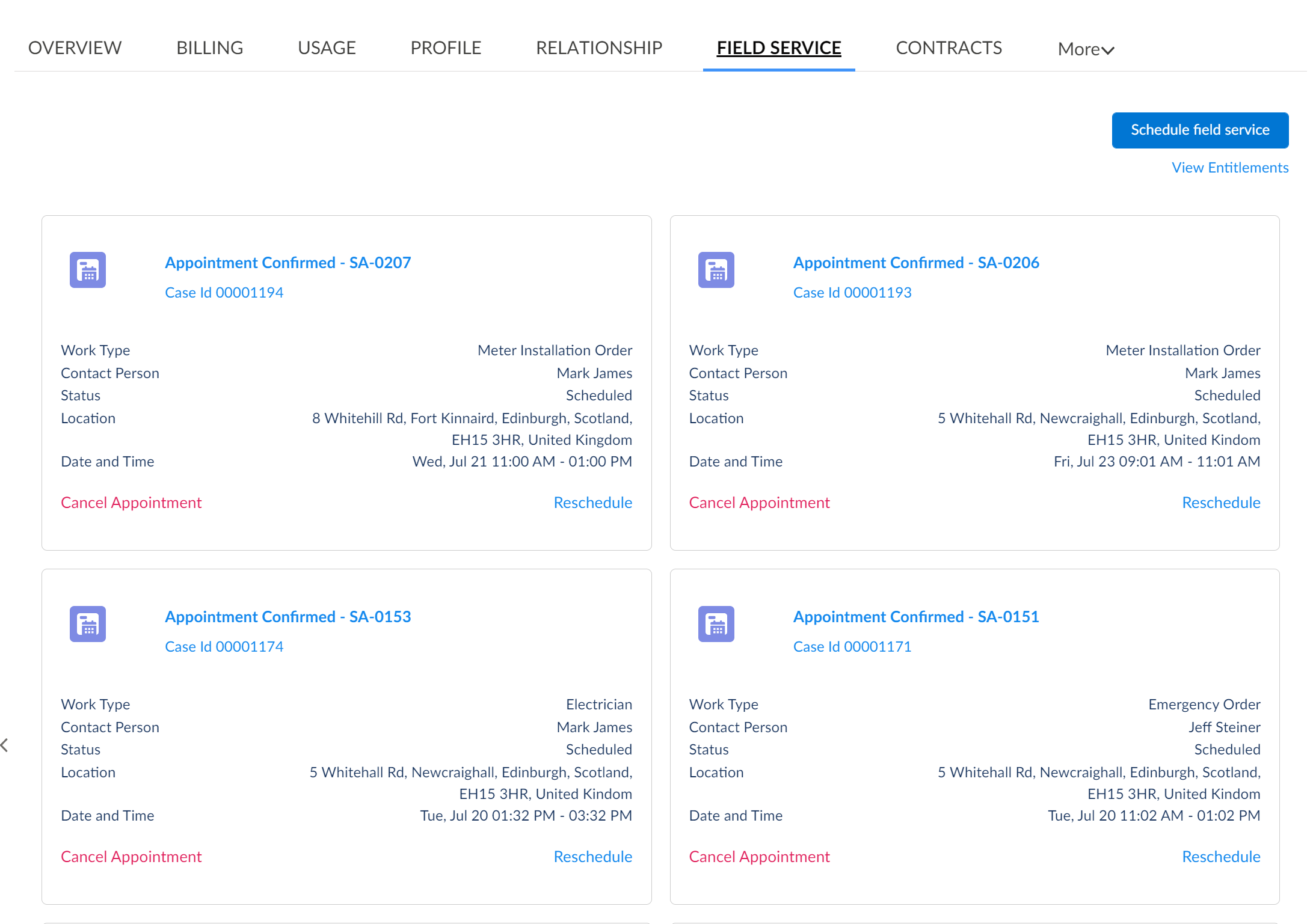 The Field Service Tab provides details about field service appointments scheduled for your customer.