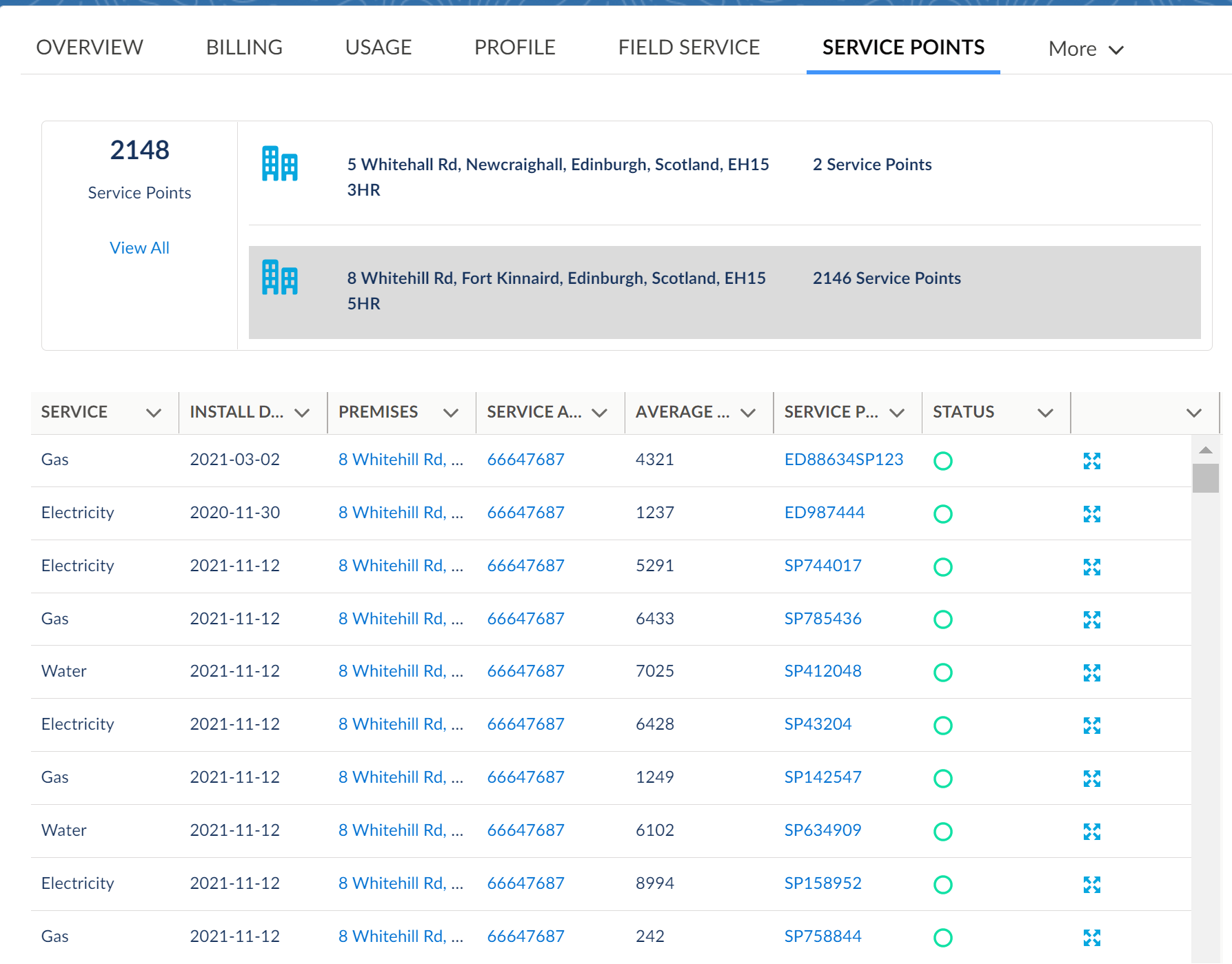 The Service Point Tab provides information about each service point of the customer.