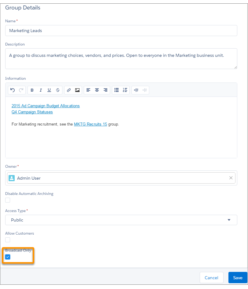 Broadcast group setting in Lightning Experience