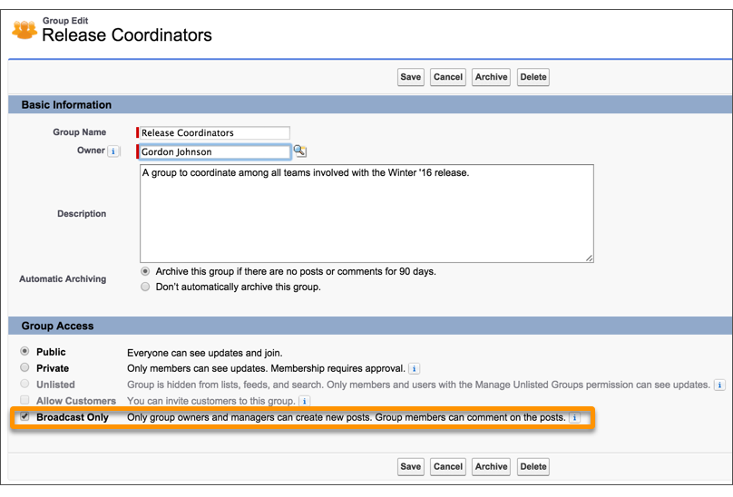 Broadcast group setting in Salesforce Classic