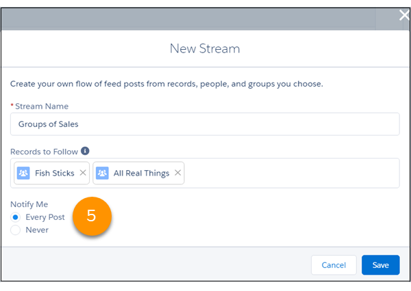 Configuración de notificaciones en el cuadro de diálogo Nueva transmisión