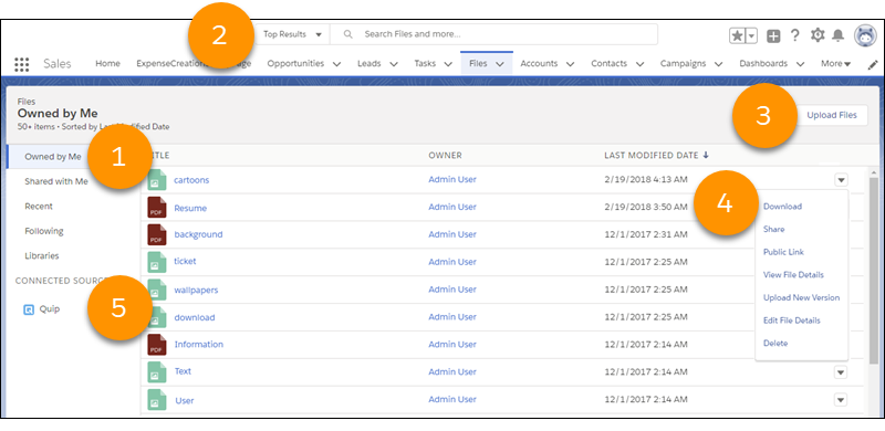 La página de inicio Archivos, mostrando diferentes vistas de lista para archivos y acciones de archivo disponibles