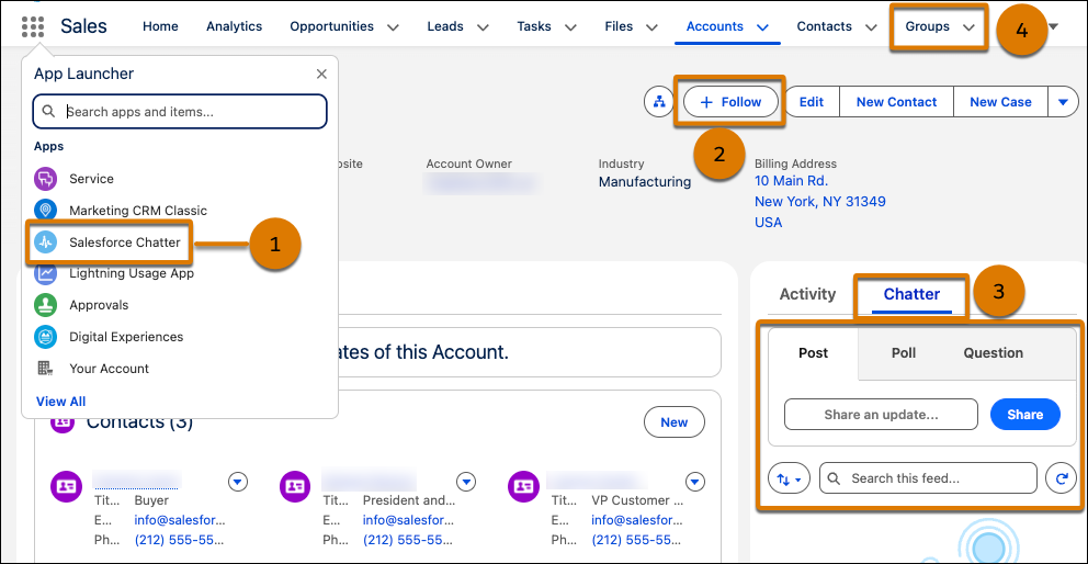 Tietuesivu Salesforcessa, joka näyttää Chatter, jotka poistetaan sivulta, kun Chatter ei ole käytössä