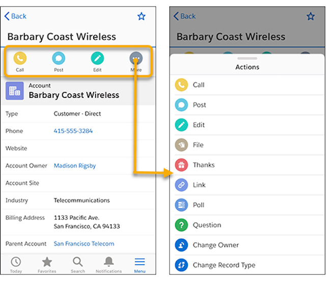 Barra delle azioni dell'app Salesforce