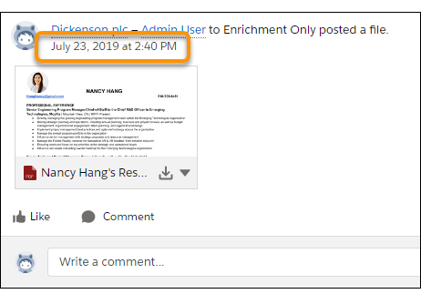 Date and time stamp on a Chatter post