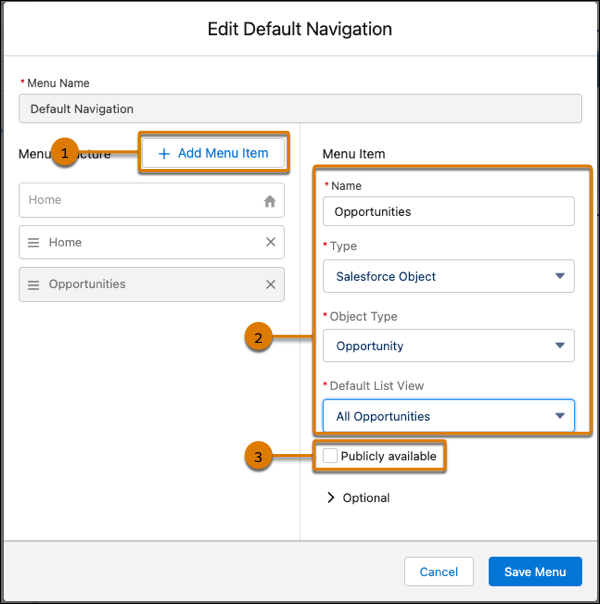 Erstellen Sie ein Navigationsmenüelement für ein Salesforce-Objekt.