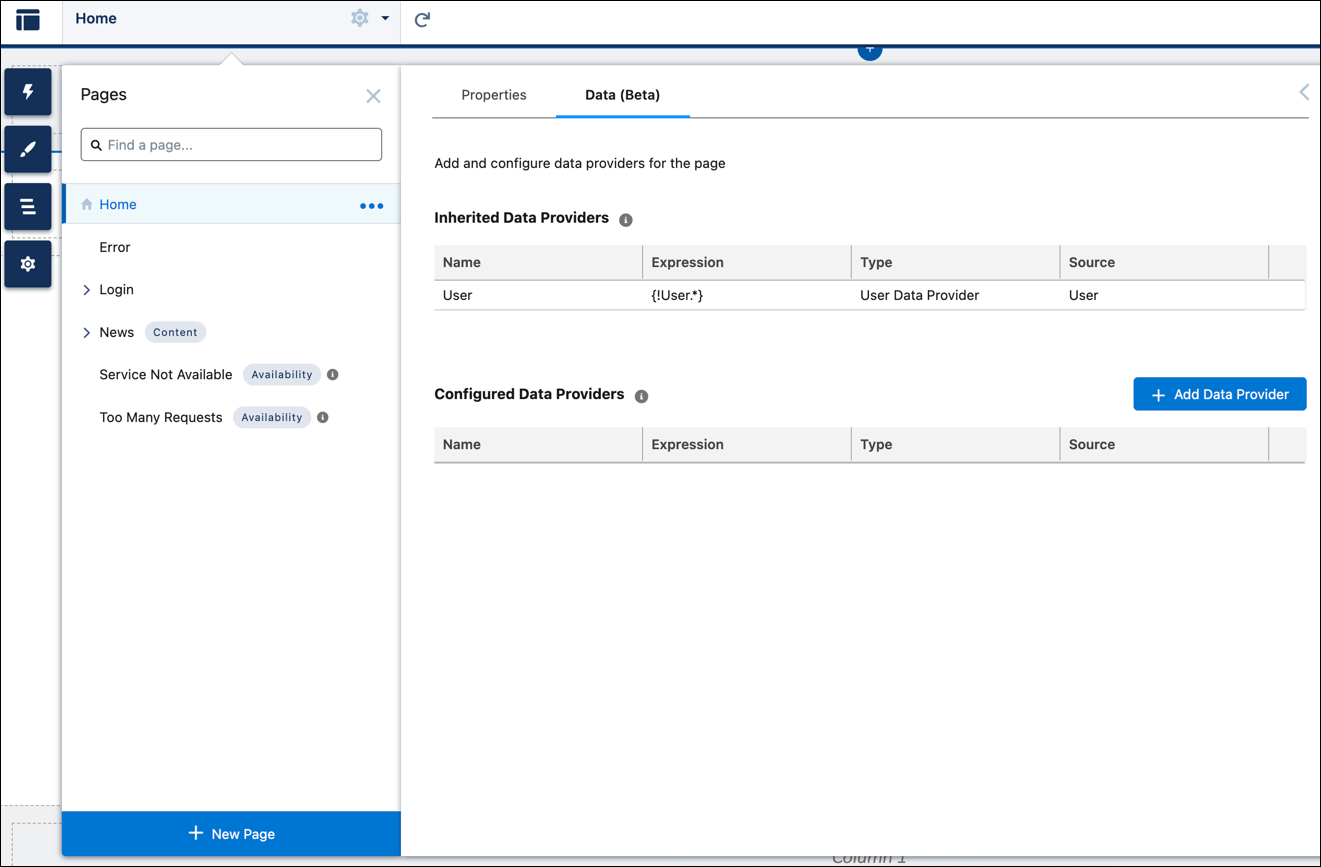 The Data beta panel to add data providers