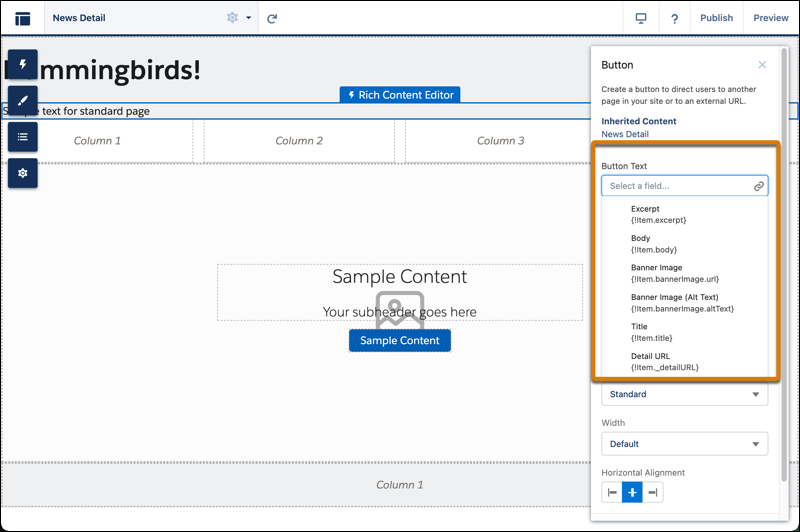 Map data binding component fields to elements of inherited CMS content on a CMS content page.
