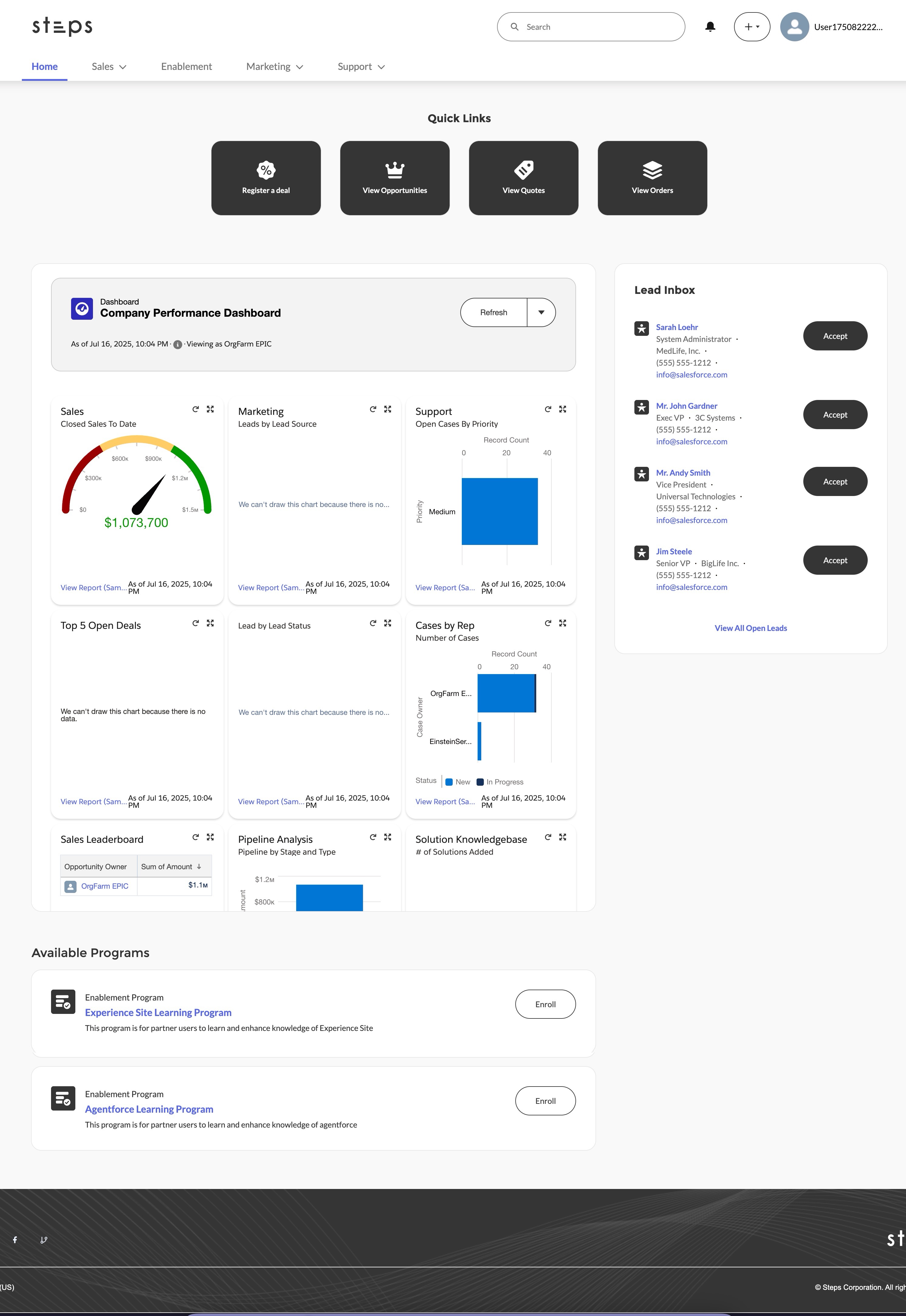 Partner Central home page