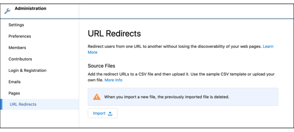 URL Redirects user interface, showing where you can import the CSV file