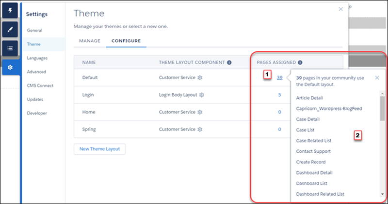 Theme Settings panel with Pages Assigned shown