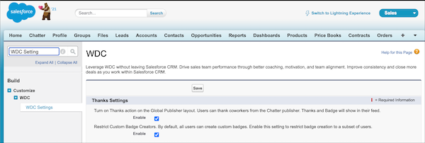 Settings page displaying WDC options