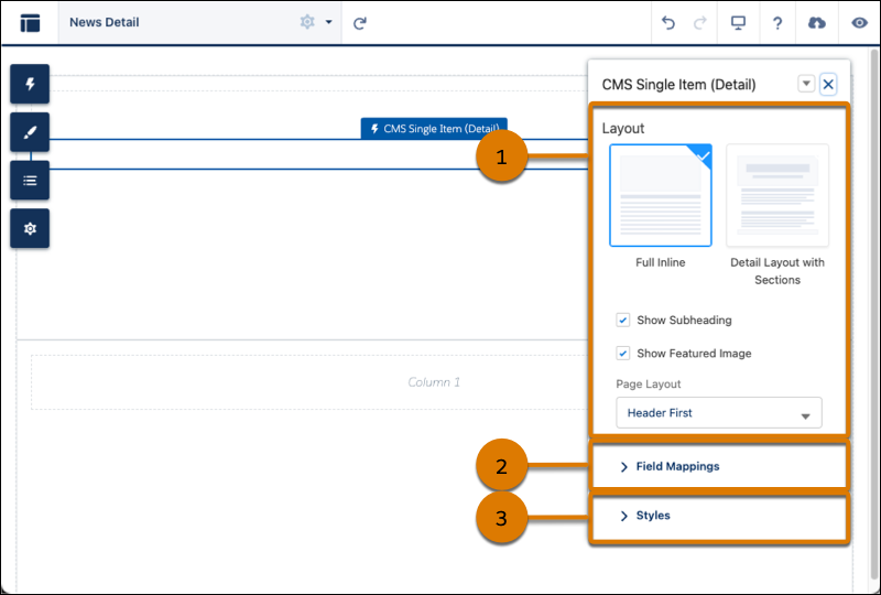 Editor de propiedades de componente para componente Elemento único de CMS (Detalle)