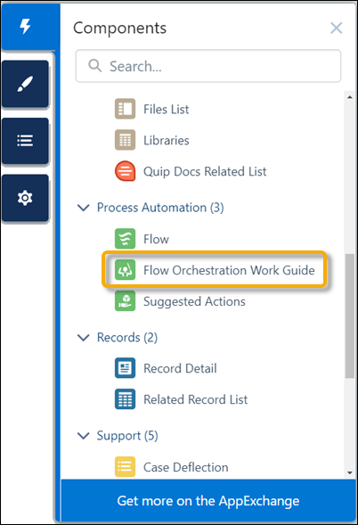 Composant Guide de travail d'orchestration de flux dans le panneau Composants