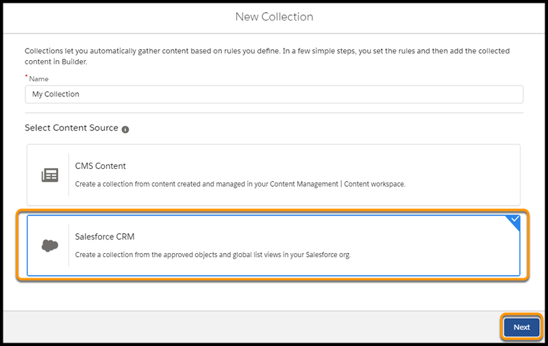 Boîte de dialogue Nouvelle collection avec Salesforce CRM sélectionné