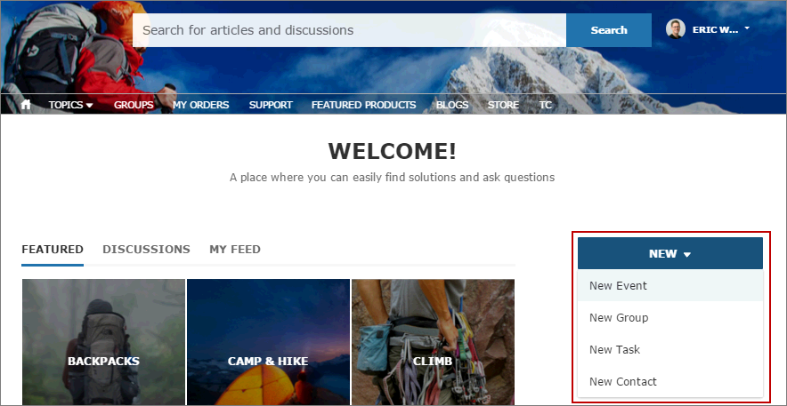 Pulsante Crea nuovo con menu delle azioni globali nella pagina iniziale della comunità