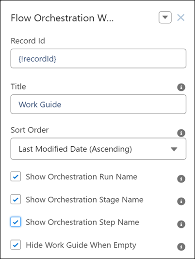 Egenskaper-panelet i komponenten Flow Orchestration Work Guide