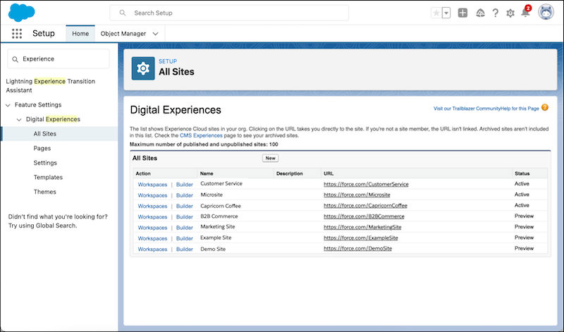 Digitale opplevelser i Salesforce-oppsett