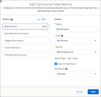 Redigera sida för Community Pulse-matriser som visar redigeringsalternativ.