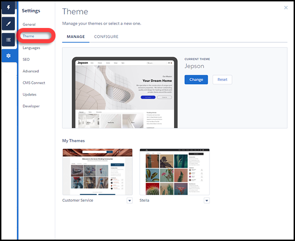 The Theme area in Settings