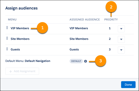 Assign audiences window for a menu component, showing prioritized audiences