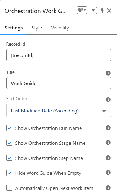 Orchestration Work Guide component Properties panel