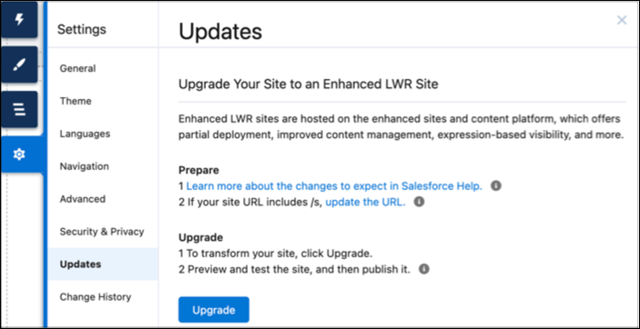 El área Actualizaciones en Configuración en Generador