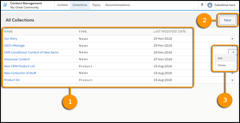 Page Collections dans la Gestion des contenus