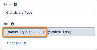 sidhierarki och knappen Ändra URL