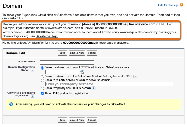 The Domain Setup page with the org-specific section circled.