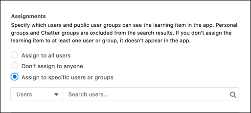 New learning item window, showing Assignments section