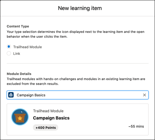 New learning item window, showing Content Type and Module Details sections