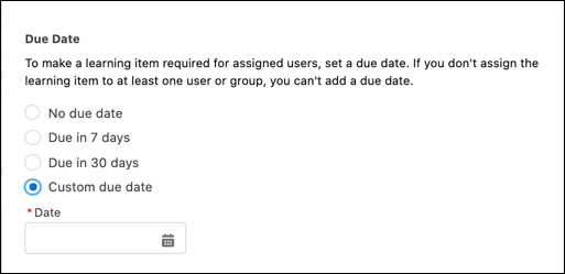 New learning item window, showing Due Date section