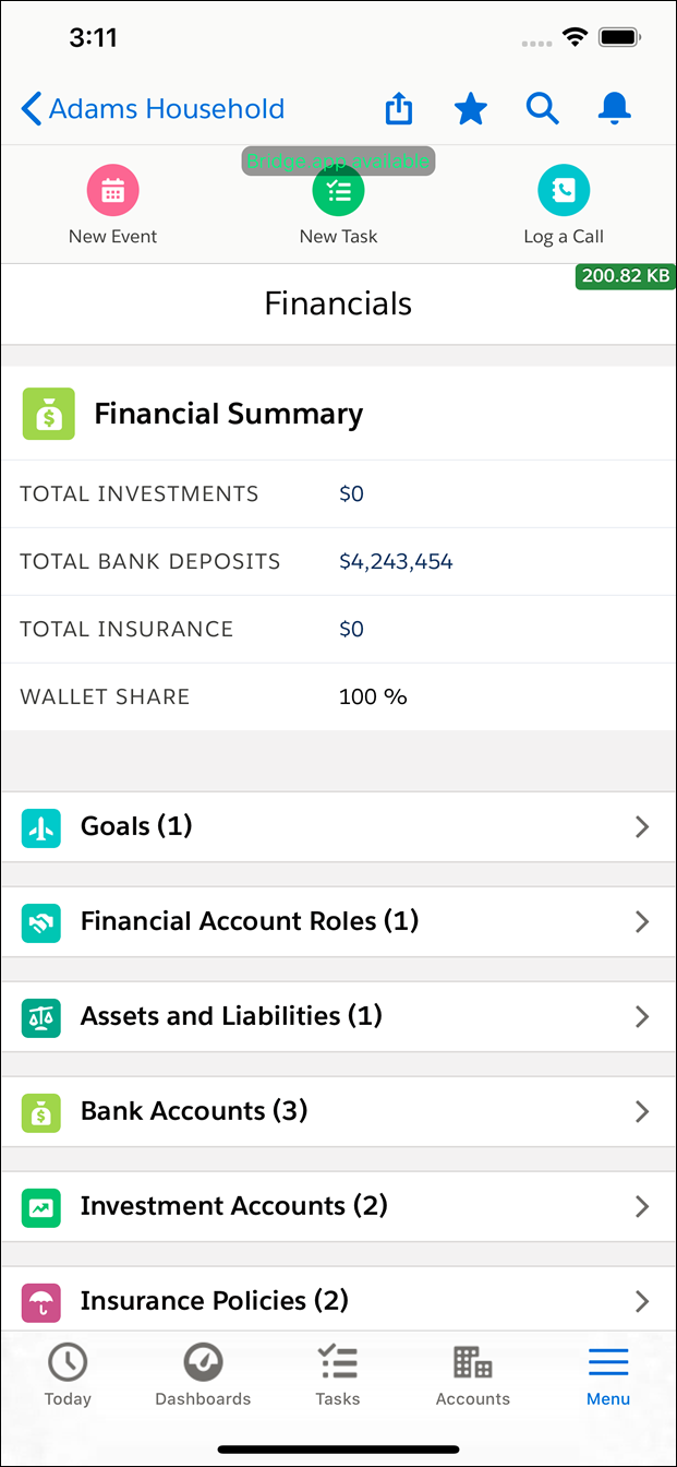 Komponenten Økonomisk sammendrag i Salesforce Mobile-appen