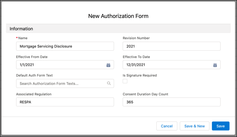The New Authorization Form page
